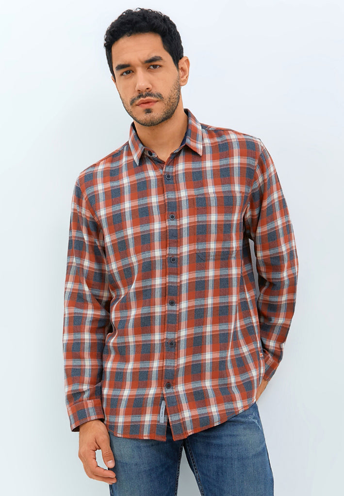 EMBA DENIM - Kemeja Flanel Pria Regular Fit Lengan Panjang Warna Teracota - Thunder