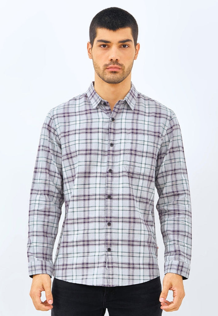 EMBA DENIM - Kemeja Flannel Pria Lengan Panjang Regular Fit Non Stretch Warna Light Grey - Levy